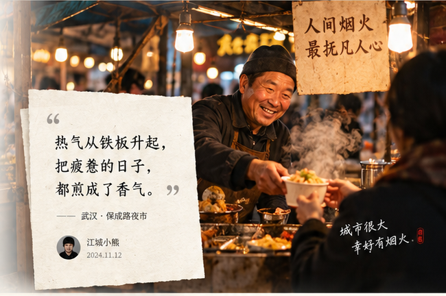 夜市摊位的烟火现场与一张城市诗笺